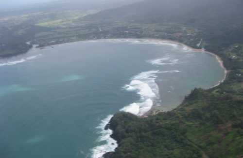 Hanalei Bay Kauai Hawaii seen from helicopter